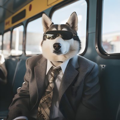 バスターミナルでスーツにサングラス姿のシベリアンハスキー犬が紳士的 2 作： Kurt Heppke