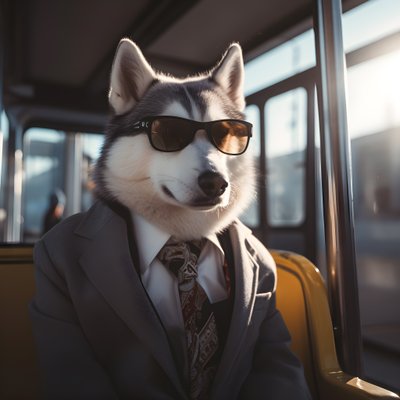 バスターミナルでスーツにサングラス姿のシベリアンハスキー犬が紳士的 3 作： Kurt Heppke