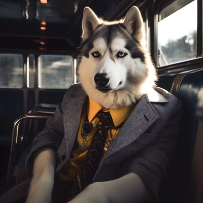 バスターミナルでスーツにサングラス姿のシベリアンハスキー犬が紳士的 4 作： Kurt Heppke