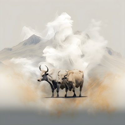 ベージュと白と煙のフラクタル抽象画。アララト山を水平線に、煙の中から浮かび上がる3頭の黒い雄牛。ニューヨークのウォール街の雄牛を思わせるポーズ。  3 作： Kurt Heppke