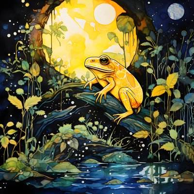 森の中の黄色いカエル、月、川 3 作： Kurt Heppke
