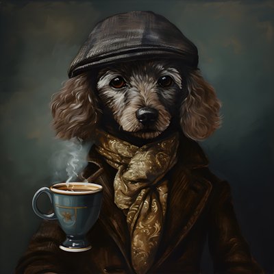 洗練されたプードルが紅茶を飲み、タートルネックとフラットキャップを着用。 作： Kurt Heppke