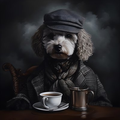 洗練されたプードルが紅茶を飲み、タートルネックとフラットキャップを着用。 作： Kurt Heppke