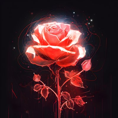 咲き誇る赤いバラのスケッチで、花びらは1枚だけ。 作： Kurt Heppke