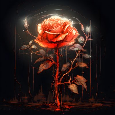 咲き誇る赤いバラのスケッチで、花びらは1枚だけ。 作： Kurt Heppke