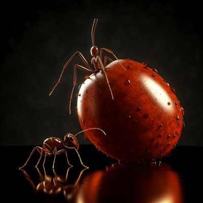 巨大なリンゴの上に登る茶色のアリ 1 作： Kurt Heppke
