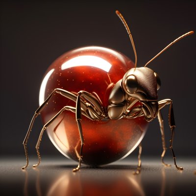巨大なリンゴの上に登る茶色のアリ 2 作： Kurt Heppke