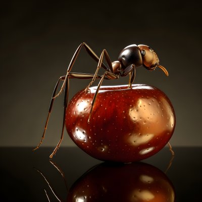 巨大なリンゴの上に登る茶色のアリ 4 作： Kurt Heppke