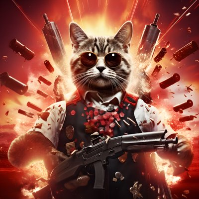 黒と白の水玉模様のシャツを着て、ピカピカのサングラスをかけた猫の映画ポスター。背景は爆発と大砲。 作： Kurt Heppke