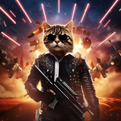 黒と白の水玉模様のシャツを着て、ピカピカのサングラスをかけた猫の映画ポスター。背景は爆発と大砲。 作： Kurt Heppke
