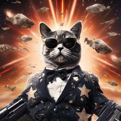 黒と白の水玉模様のシャツを着て、ピカピカのサングラスをかけた猫の映画ポスター。背景は爆発と大砲。 作： Kurt Heppke