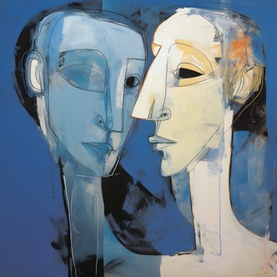 青を背景にした2人の頭の絵 1 作： Kurt Heppke