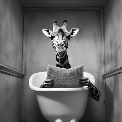 新聞紙を持ってトイレに座る幸せなキリン 1 作： Kurt Heppke