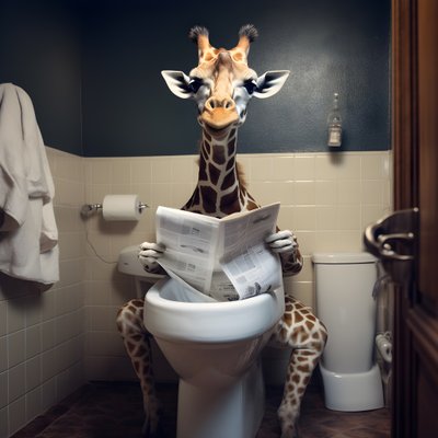 新聞紙を持ってトイレに座る幸せなキリン 4 作： Kurt Heppke