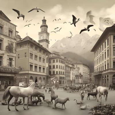 優雅なシマウマ、カモメ、サル、土人形と古い写真の中のインスブルック。1 作： Kurt Heppke