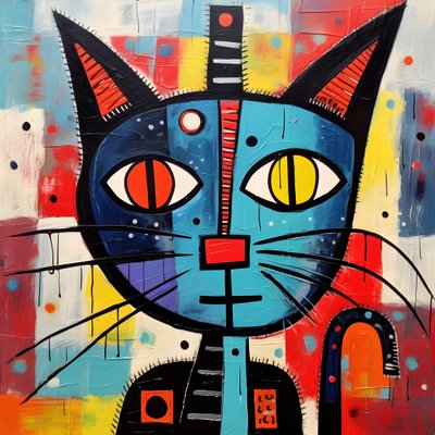 ピカソ、ジョアン・ミロ、バスキア風のかわいい猫 4 作： Kurt Heppke