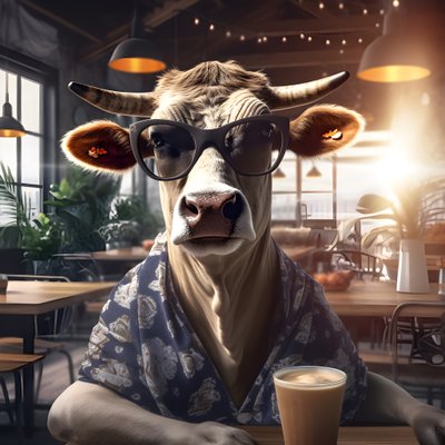 冷たいコーヒーを眺めるサングラスの牛 3 作： Kurt Heppke