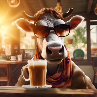 冷たいコーヒーを眺めるサングラスの牛 4 作： Kurt Heppke