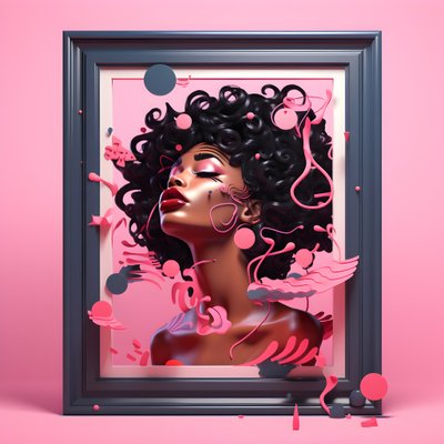 ピンクの木製フレームに入った黒人女性のアートワーク。 作： Kurt Heppke