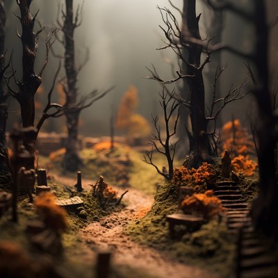 霧のかかった木々と不気味な雰囲気が漂うミニチュアのチルトシフトハロウィーンの森 3 作： Kurt Heppke