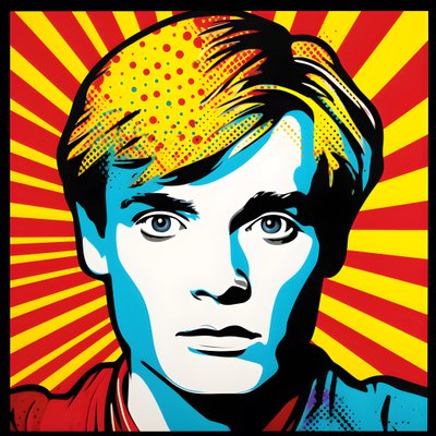 アンディ・ウォーホル、ロイ・リキテンシュタイン、ロバート・ラウシェンバーグ、ジャスパー・ジョーンズ、キース・へリングのスタイルで、ポップアートの肖像画、半身、カラフル、グラフィック、モーニング。 作： Kurt Heppke