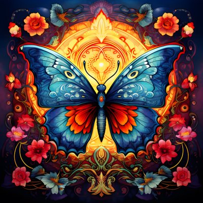 中央に蝶、左右対称、背景に花 2 作： Kurt Heppke