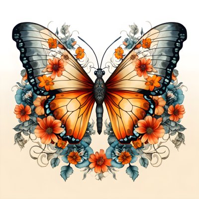 中央に蝶、左右対称、背景に花 3 作： Kurt Heppke
