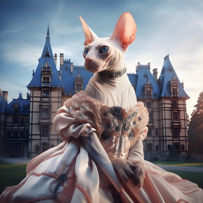 壮麗な中世風の宮殿を背景に、舞踏会のガウンを着たスフィンクス猫 3 作： Kurt Heppke