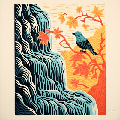 美しい滝のある渓流の前で枝の植物に座るカラフルな熱帯の鳥の超ミニマリストイラスト1 作： Kurt Heppke