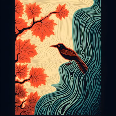 美しい滝のある渓流の前で、枝に生えた植物の上に座るカラフルな熱帯の鳥の超ミニマルなイラスト。 作： Kurt Heppke