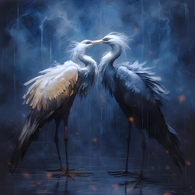 美しく、ゴージャスで、映画のような絵画、雨の中でキスする2羽の鶴 4 作： Kurt Heppke