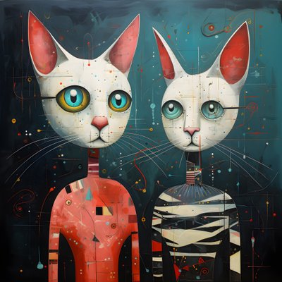 擬人化された2匹の猫、オスとメス、キューブリック的合成物3 作： Kurt Heppke