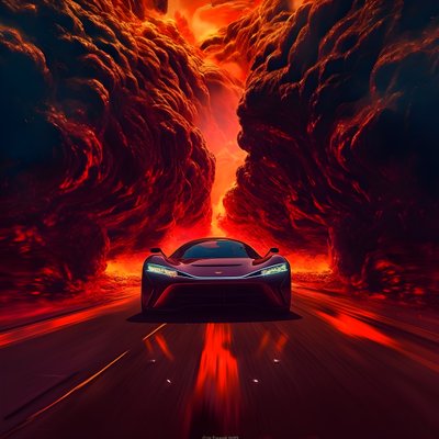 高級車が赤く光る道を走っている。 作： Kurt Heppke