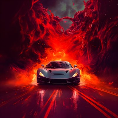 高級車が赤く光る道を走っている。 作： Kurt Heppke