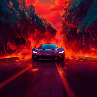 高級車が赤く光る道を走っている。 作： Kurt Heppke