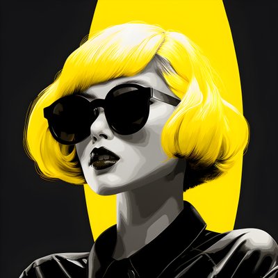 黄色いサングラスをかけ、耳に髪をかけた少女のイラスト。 作： Kurt Heppke