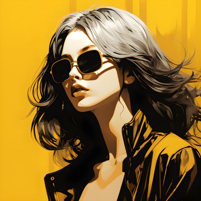 黄色いサングラスをかけ、耳に髪をかけた少女のイラスト。 作： Kurt Heppke