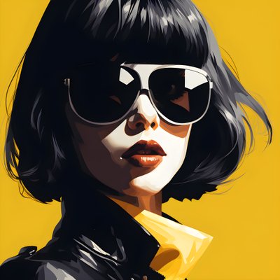 黄色いサングラスをかけ、耳に髪をかけた少女のイラスト。 作： Kurt Heppke