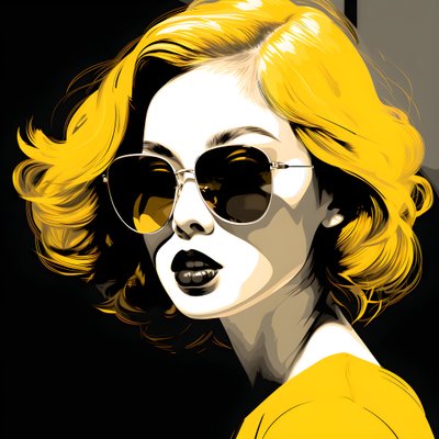 黄色いサングラスをかけ、顔に髪をかけ、耳をつけた少女のイラスト。フィルム・ノワールの美学を思わせる。 作： Kurt Heppke