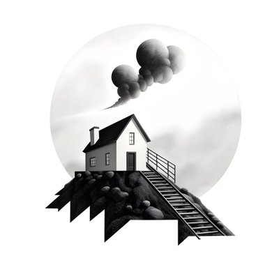 ソーラーパネルが設置された家のイラストと、その後ろに描かれた右上向きの大きな矢印。 作： Kurt Heppke