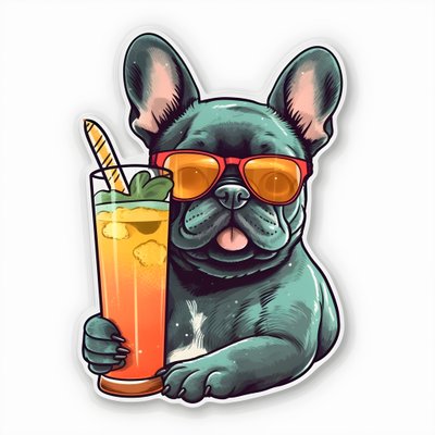 ステッカー、クールなフレンチブルドッグ、カクテルを飲む 2 作： Kurt Heppke