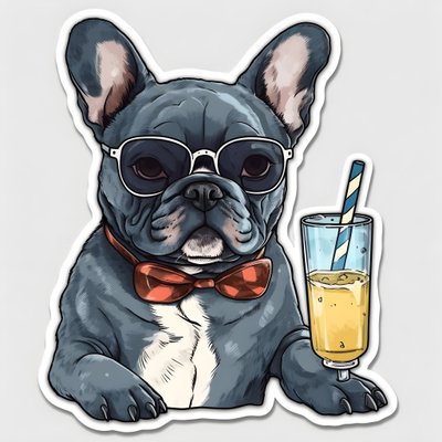 ステッカー、クールなフレンチブルドッグ、カクテルを飲む 4 作： Kurt Heppke