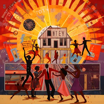太陽の下で踊るカラフルな人々。 作： Kurt Heppke