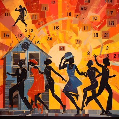星や太陽と一緒に踊る、明るい場所で踊るカラフルな人々 4 作： Kurt Heppke