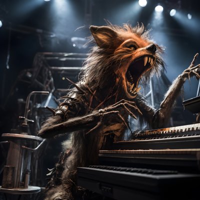 不気味で、毛むくじゃらで、壊れた動物のアニマトロニクスがステージで音楽を演奏する 2 作： Kurt Heppke