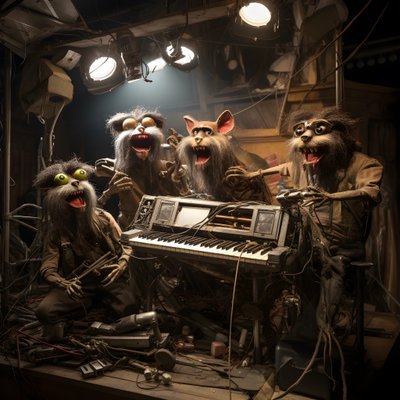 不気味で、毛むくじゃらで、壊れた動物のアニマトロニクスがステージで音楽を演奏する。 作： Kurt Heppke