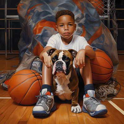 フォルダーを持つ10歳の少年と愛犬3匹 作： Kurt Heppke