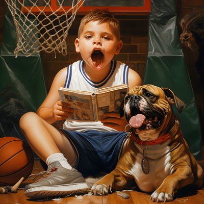 フォルダーを持つ10歳の少年と愛犬4歳 作： Kurt Heppke