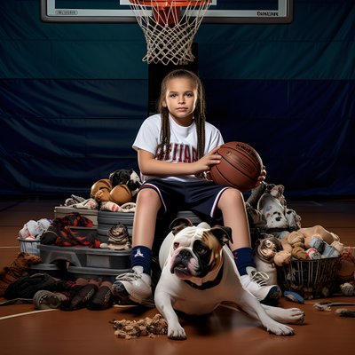 10歳の少女が愛犬を地面に座らせて、写真2が入ったフォルダーを持って待っている。 作： Kurt Heppke