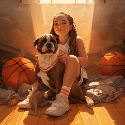 10歳の少女が愛犬と地面に座り、写真の入ったフォルダーを持って待っている。 作： Kurt Heppke